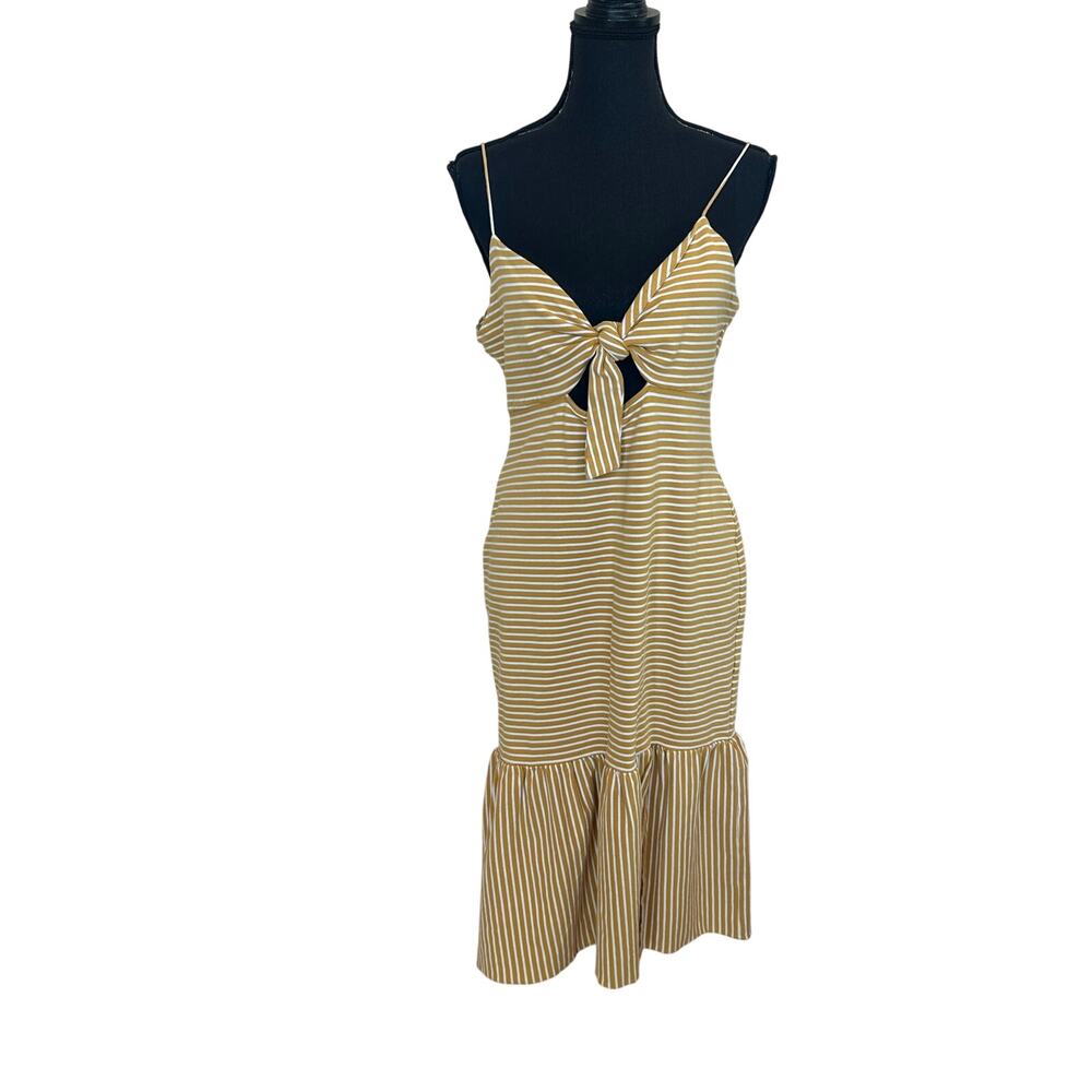 Saylor Mustard Striped Midi Slip Dress MEDIUM Bodycon Vacation Bow Pinup $200 - Picture 12 of 15